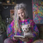 Alternative looking hippy style woman sitting down inside and boho home, wearing an Alex Tooth Radiant Bloom Sanctum Hoodie.