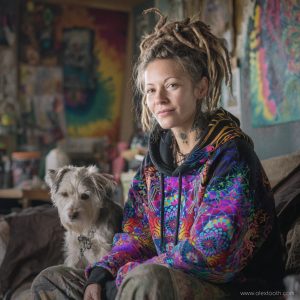 Colourful hoodie with artwork-inspired patterns, woman with dreadlocks, and dog in artist's studio—visionary art by Alex Tooth.