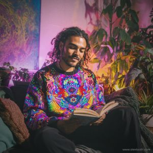 Reading man with curly hair in colourful psychedelic sweater—visionary art by Alex Tooth.