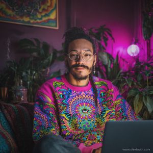 Vibrant psychedelic artwork on man's sweatshirt, with lush indoor plants and colourful lighting.