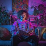 Cool looking alternative hippy style man sitting in a boho home reading a book wearing Alex Tooth Radiant Bloom Stillpoint Sweatshirt.