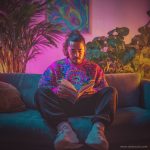 Cool looking alternative hippy style man sitting in a boho home reading a book wearing Alex Tooth Radiant Bloom Stillpoint Sweatshirt.