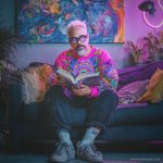 Cool looking alternative hippy style man sitting in a boho home reading a book wearing Alex Tooth Radiant Bloom Stillpoint Sweatshirt.