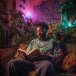 Cool looking alternative hippy style man sitting in a boho home reading a book wearing Alex Tooth Emerald StarGate Stillpoint Sweatshirt.