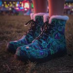 A pair of combat boots at an outdoor location the boot are Alex Tooth fleece lined Emerald StarGate Dawnwalker Boots.