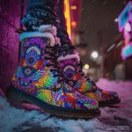 A pair of combat boots at an outdoor location the boot are Alex Tooth fleece lined Inner Flight Dawnwalker Boots.