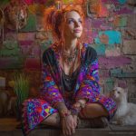 Alternative hippy boho style woman sitting down outside wearing buckle up fleece lined Alex Tooth Inner Flight Vision Robe.