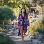Alternative looking hippy woman in an outdoor setting wearing Alex Tooth Inner Flight Flow Kimono Robe.