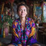 Alternative looking hippy style woman seated wearing an Alex Tooth Inner Flight Ritual Wrap shawl cover up.