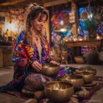 Alternative looking hippy style woman seated wearing an Alex Tooth Inner Flight Ritual Wrap shawl cover up.