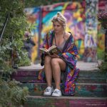 Hippy woman by water fountain sitting reading a book wearing Alex Tooth Inner Flight MoonFlow Kimono robe.