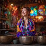 Alternative looking hippy style woman seated wearing an Alex Tooth Inner Flight Ritual Wrap shawl cover up.