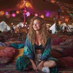 Hippy woman in boho cafe with tattoos wearing Alex Tooth Emerald StarGate MoonFlow Kimono robe.
