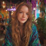Hippy woman in boho cafe with tattoos wearing Alex Tooth Emerald StarGate MoonFlow Kimono robe.