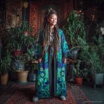 Hippy woman in yoga studio with tattoos wearing Alex Tooth Emerald StarGate MoonFlow Kimono robe.