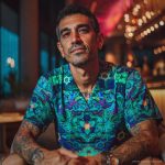 Cool looking hippy type alternative style man sitting inside wearing and Alex Tooth Emerald StarGate Island Flow Hawaiian Shirt.