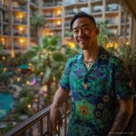 Cool looking hippy type alternative style man standing outside wearing and Alex Tooth Emerald StarGate Island Flow Hawaiian Shirt.