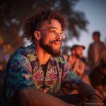 Cool looking hippy type alternative style man sitting around a campfire wearing and Alex Tooth Emerald StarGate Island Flow Hawaiian Shirt.