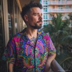 Cool looking hippy type alternative style man standing outside wearing and Alex Tooth Radiant Bloom Island Flow Hawaiian Shirt.