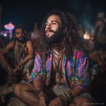 Cool looking hippy type alternative style man sitting around a campfire wearing and Alex Tooth Radiant Bloom Island Flow Hawaiian Shirt.