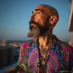 Cool looking hippy type alternative style man standing outside wearing and Alex Tooth Radiant Bloom Island Flow Hawaiian Shirt.