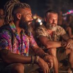 Cool looking hippy type alternative style man sitting around a campfire wearing and Alex Tooth Inner Flight Island Flow Hawaiian Shirt.