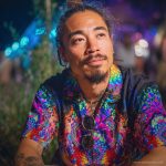Cool looking hippy type alternative style man sitting around a campfire wearing and Alex Tooth Inner Flight Island Flow Hawaiian Shirt.