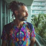 Cool looking hippy type alternative style man standing outside wearing and Alex Tooth Inner Flight Island Flow Hawaiian Shirt.