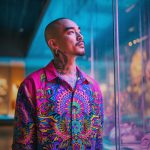 Smart looking alternative hippy style man standing in a inside social function setting wearing an Alex Tooth Radiant Bloom InnerLight Shirt.