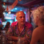Smart looking alternative hippy style man sitting inside a boho cafe / restaurant setting wearing an Alex Tooth Radiant Bloom InnerLight Shirt.
