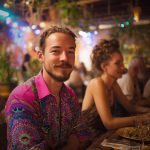 Smart looking alternative hippy style man sitting inside a boho cafe / restaurant setting wearing an Alex Tooth Radiant Bloom InnerLight Shirt.