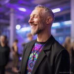 Man at social function, wearing wearing Alex Tooth Inner Flight Long Sleeved Balance Tee T-Shirt underneath his blazer.
