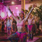 Alternative looking hippy style woman inside a yoga studio wearing Alex Tooth Radiant Bloom FlowState Pants.