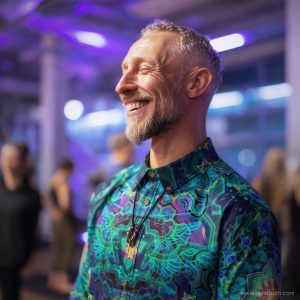 Smart looking alternative hippy style man standing in a inside social function setting wearing an Alex Tooth Emerald StarGate InnerLight Shirt.