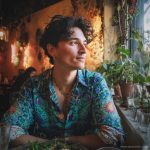 Smart looking alternative hippy style man sitting inside a boho cafe / restaurant setting wearing an Alex Tooth Emerald StarGate InnerLight Shirt.