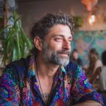 Smart looking alternative hippy style man sitting inside a boho cafe / restaurant setting wearing an Alex Tooth Inner Flight InnerLight Shirt.