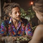Smart looking alternative hippy style man sitting inside a boho cafe / restaurant setting wearing an Alex Tooth Inner Flight InnerLight Shirt.