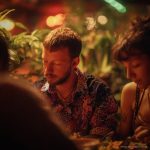 Smart looking alternative hippy style man sitting inside a boho cafe / restaurant setting wearing an Alex Tooth Inner Flight InnerLight Shirt.