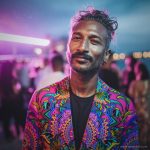 Alternative edgy looking hippy man standing looking cool wearing an Alex Tooth Radiant Bloom Wayfarer Blazer.