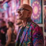 Alternative edgy looking hippy man standing looking cool wearing an Alex Tooth Radiant Bloom Wayfarer Blazer.