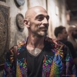 Alternative edgy looking hippy man standing looking cool wearing an Alex Tooth Inner Light Wayfarer Blazer.