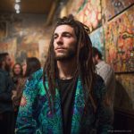 Alternative edgy looking hippy man standing looking cool wearing an Alex Tooth Emerald StarGate Wayfarer Blazer.