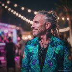 Alternative edgy looking hippy man standing looking cool wearing an Alex Tooth Emerald StarGate Wayfarer Blazer.