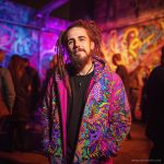 Alternative hippy looking man standing outside wearing Alex Tooth Radiant Bloom Pathfinder Jacket.