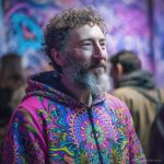 Alternative hippy looking man standing outside wearing Alex Tooth Radiant Bloom Pathfinder Jacket.