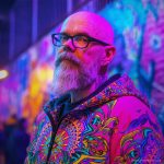 Alternative hippy looking man standing outside wearing Alex Tooth Radiant Bloom Pathfinder Jacket.