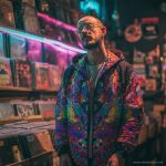 Alternative hippy looking man standing inside a record store wearing Alex Tooth Inner Flight Pathfinder Jacket.