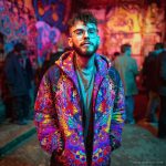 Alternative hippy looking man standing outside wearing Alex Tooth Inner flight Pathfinder Jacket.