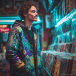 Alternative hippy looking man standing inside a record store wearing Alex Tooth Emerald StarGate Pathfinder Jacket.