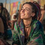 Edgy looking alternative hippy woman smiling, sitting down outside, wearing Alex Tooth Emerald StarGate Waylight Scarf.